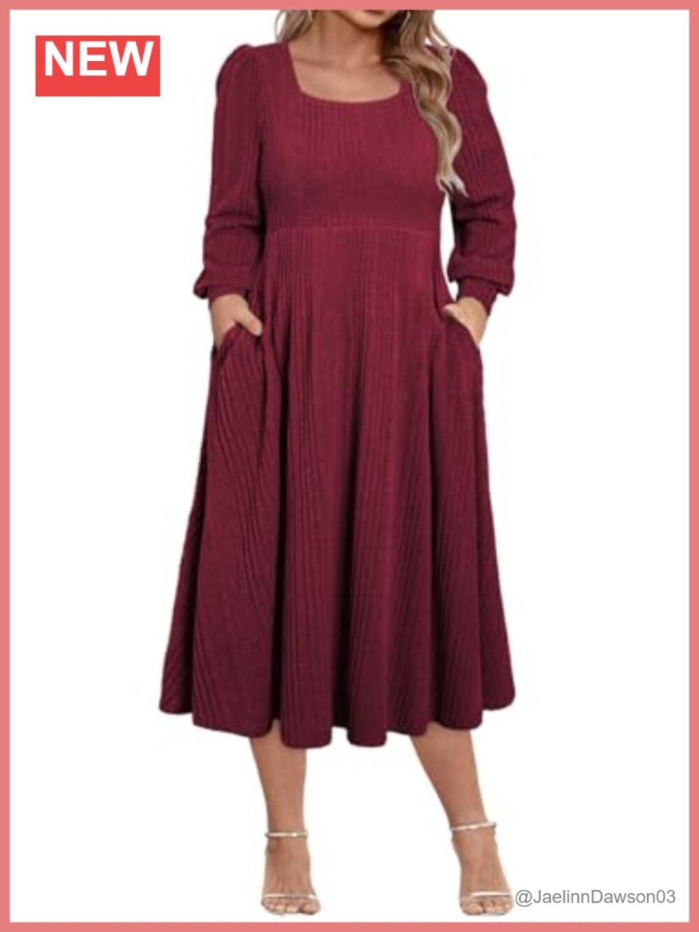 Plus Size Midi Sweater Dress Long Sleeve Square Neck Two Pockets